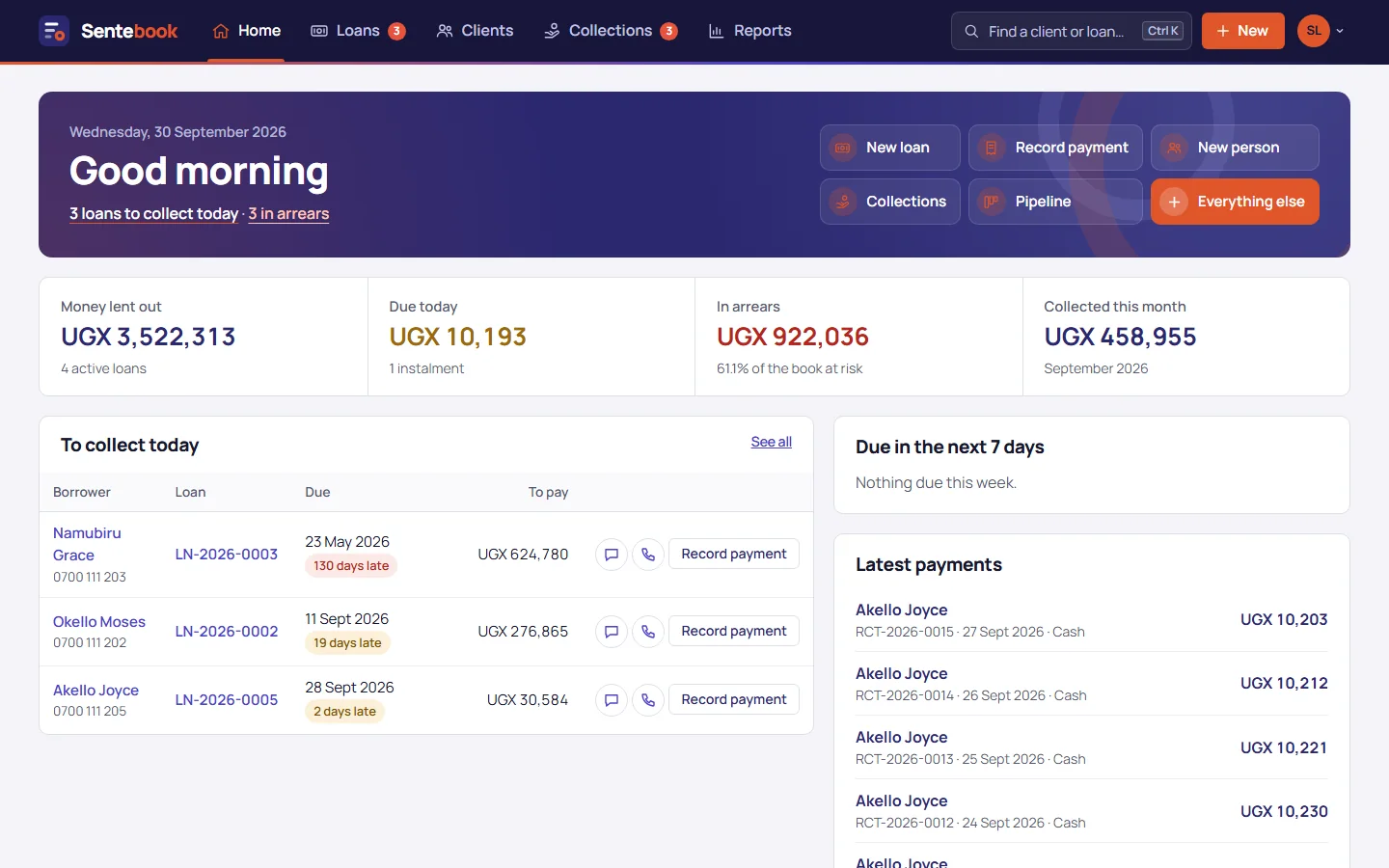 Sentebook home screen showing money lent out, amounts due today and loans to collect