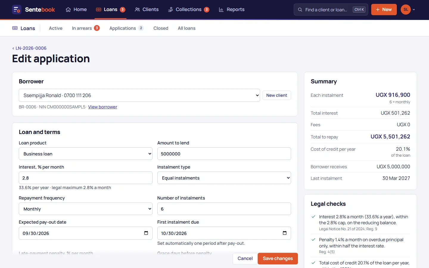 Loan application form with a live summary of instalments, total interest and cost of credit, and a list of legal checks