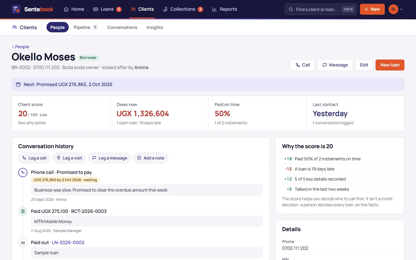 A client's page with their score, amount owed, on-time record, conversation history and a promise to pay