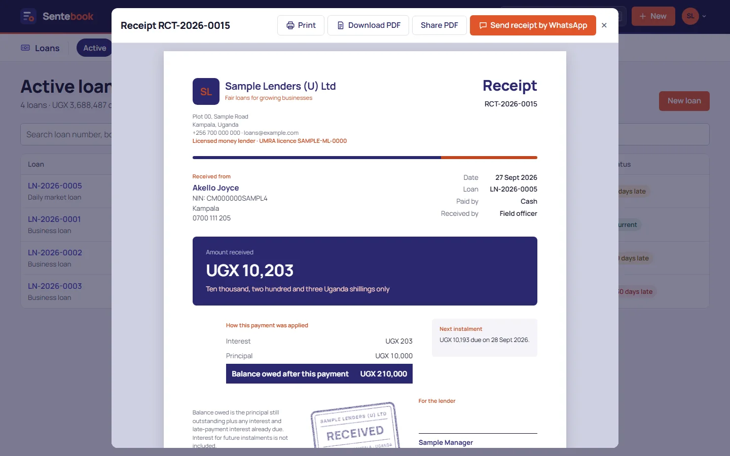 A receipt showing the amount received in words, how it was applied to interest and principal, the balance left and the lender's stamp
